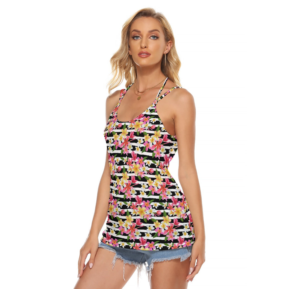 Women's Backless Halter Top - Plumeria On Stripes