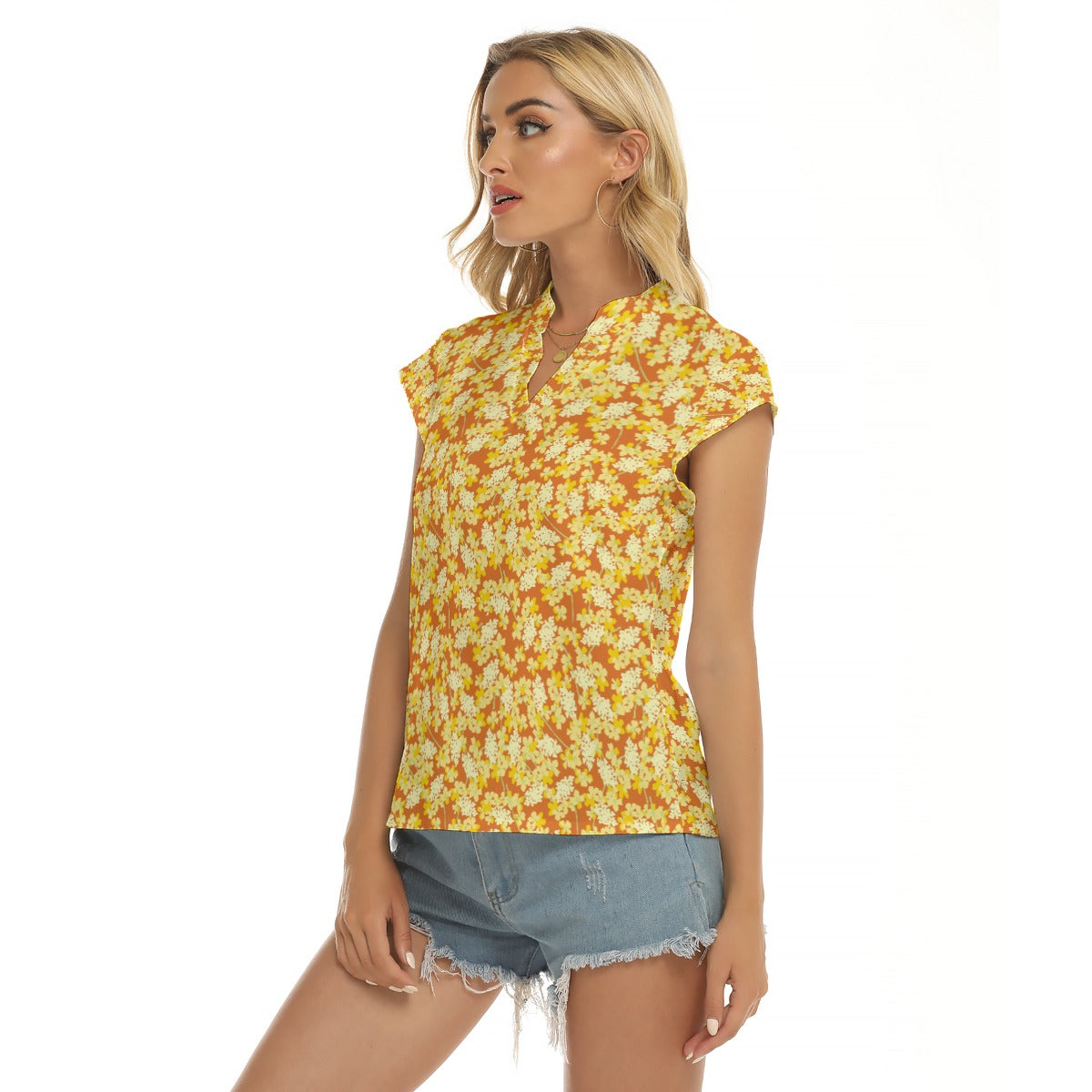 Women's Cap-Sleeve V-Neck Top - Amber Meadow