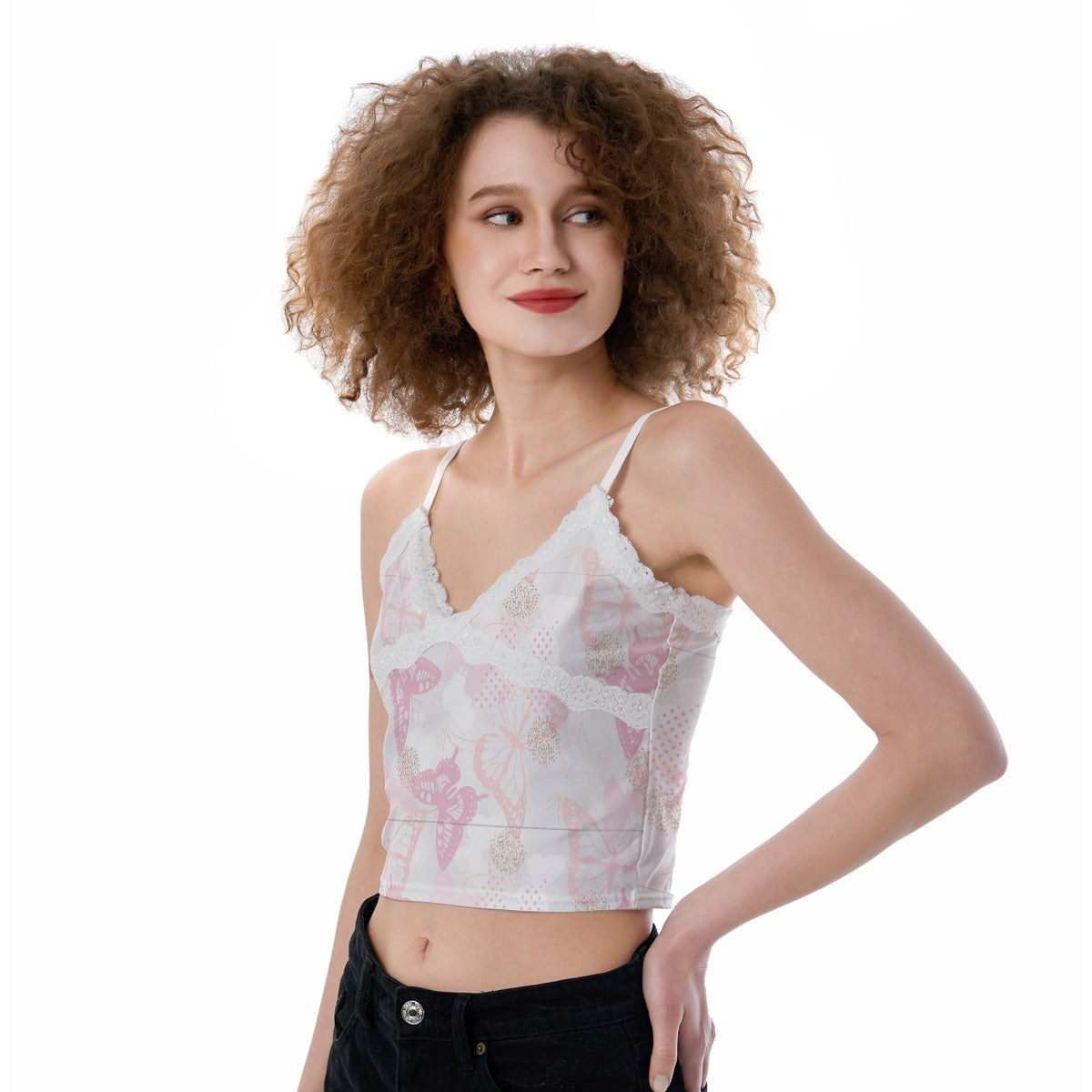 Printed Lace-Trim Cami Top - Lace Butterflies (Pink)