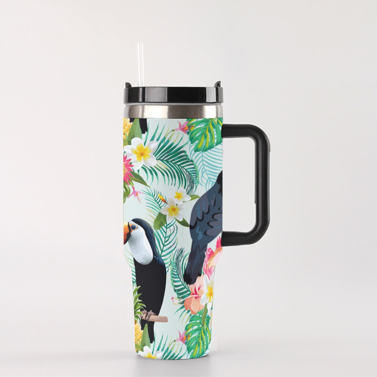 40oz Stainless Steel "Stanley" Tumbler With Handle - Tropical Toucans