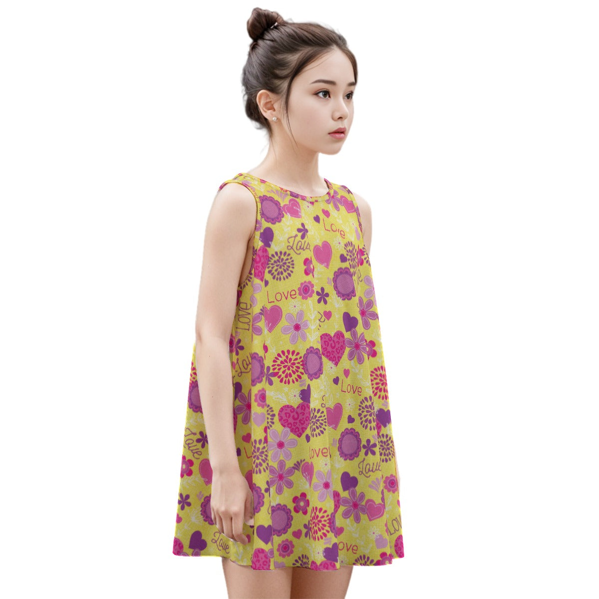 Kid's Sleeveless Cotton Swing Dress - Live Laugh Love (Yellow)