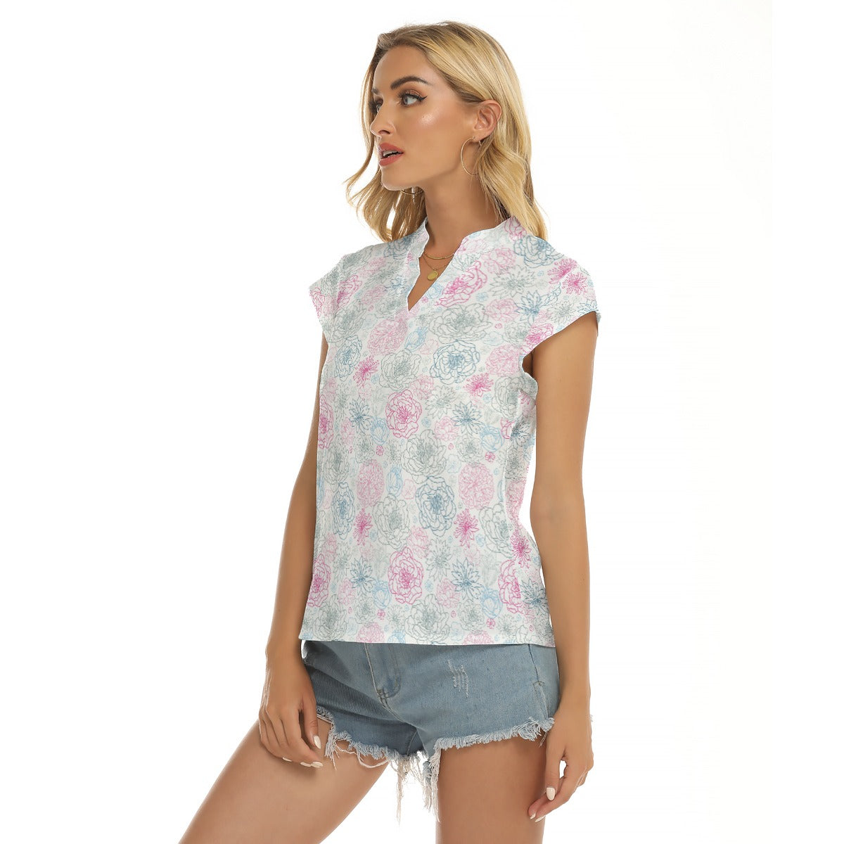 Women's Cap-Sleeve V-Neck Top - Floral Medley