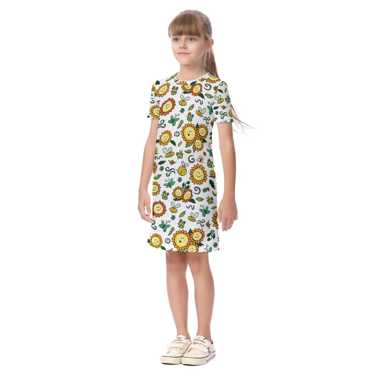 Kid's Short Sleeve T-Shirt Dress - Smiley Sunflowers