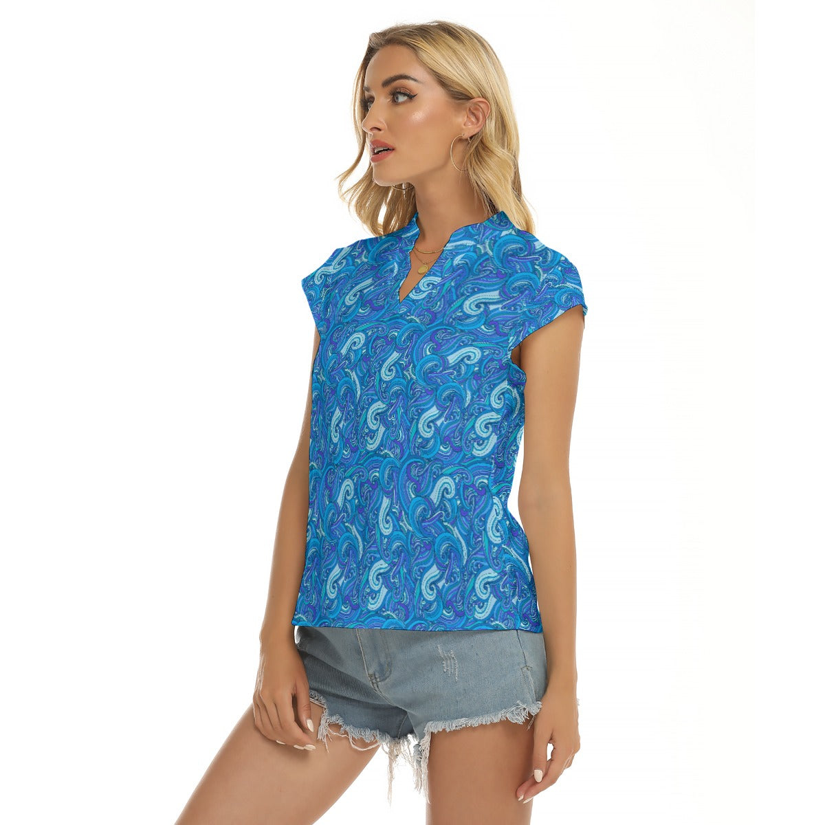 Women's Cap-Sleeve V-Neck Top - Waves