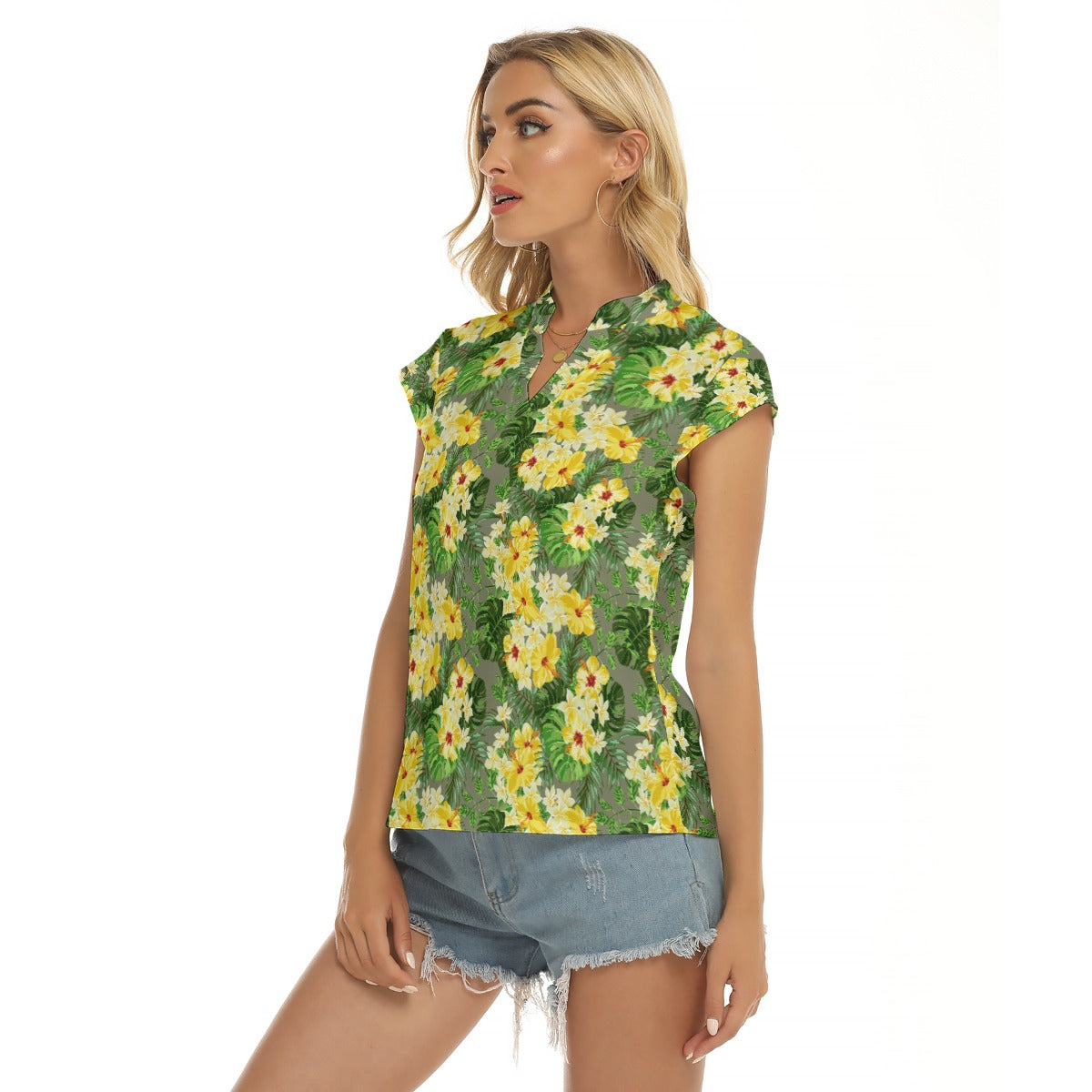 Women's Cap-Sleeve V-Neck Top - Tropical Garden