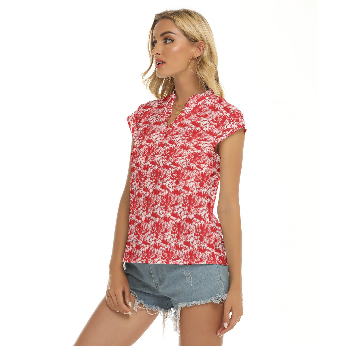 Women's Cap-Sleeve V-Neck Top - Red Maple