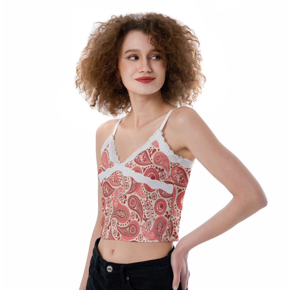 Printed Lace-Trim Cami Top - Red Paisley