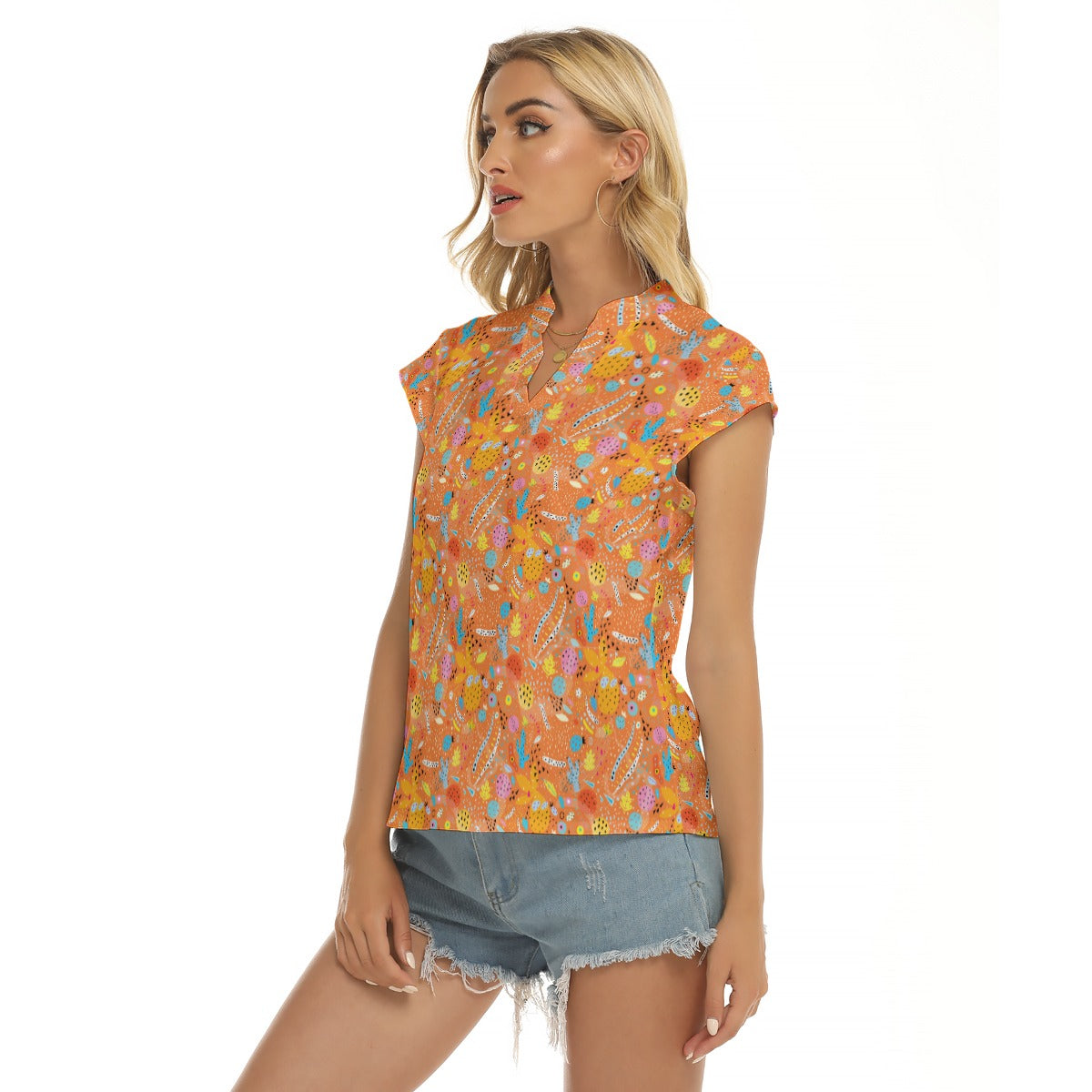 Women's Cap-Sleeve V-Neck Top - Prickly Pears