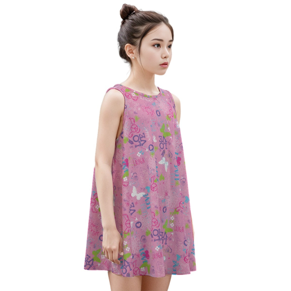 Kid's Sleeveless Cotton Swing Dress - Live Laugh Love (Pink)