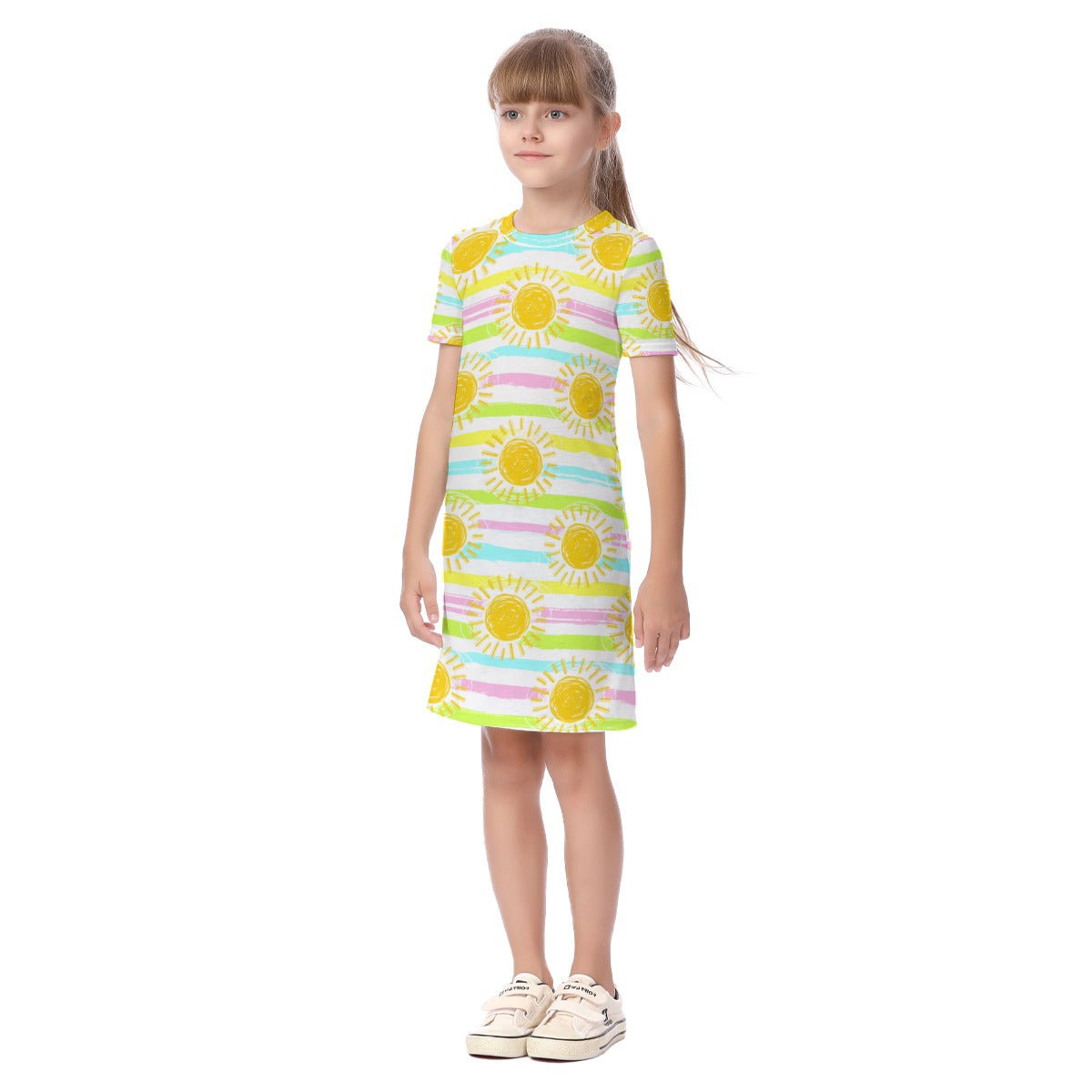 Kid's Short Sleeve T-Shirt Dress - Sunny Stripes (Pink)