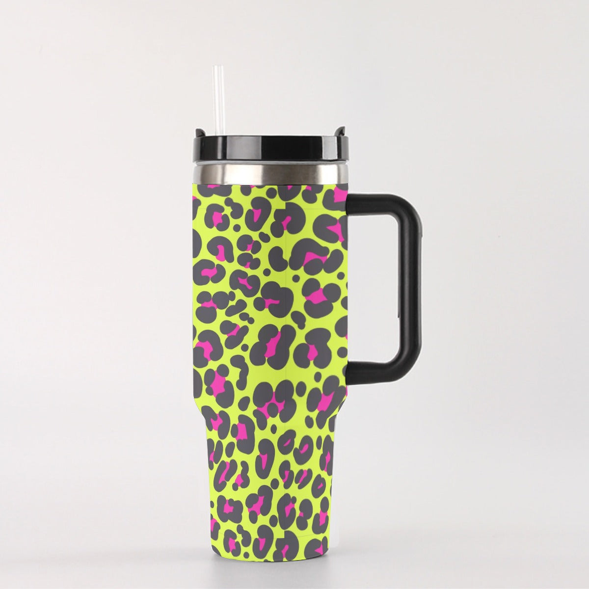 40oz Stainless Steel "Stanley" Tumbler With Handle - Neon Leopard