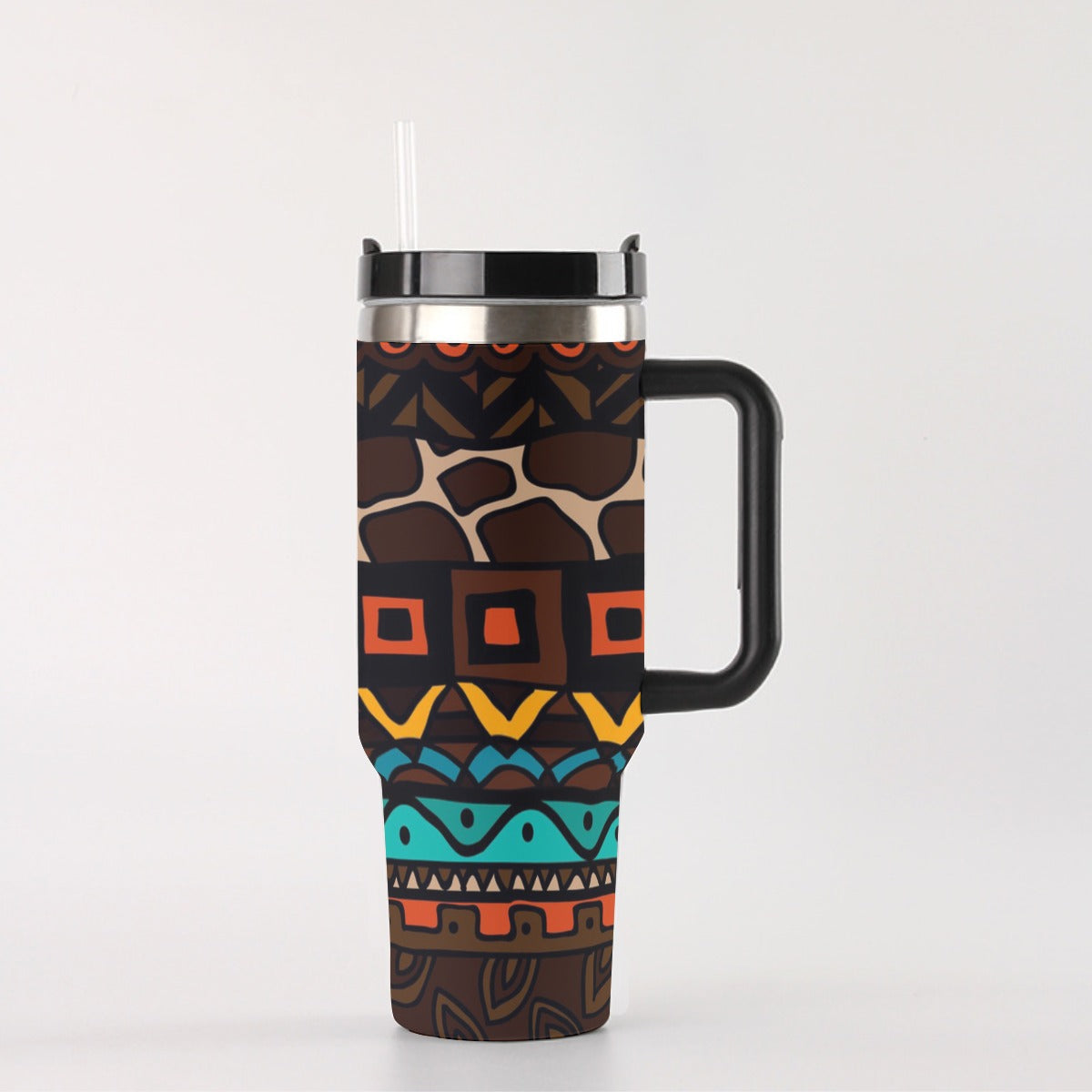 40oz Stainless Steel "Stanley" Tumbler With Handle - African Print (Giraffe)