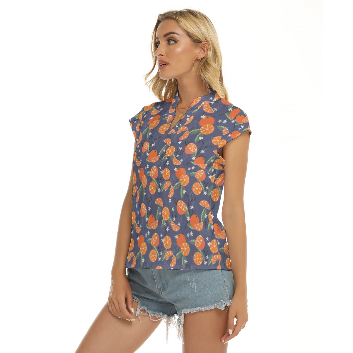 Women's Cap-Sleeve V-Neck Top - Mandarin Dreams