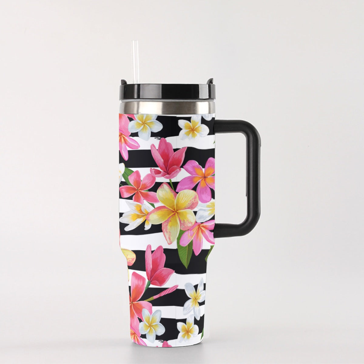 40oz Stainless Steel "Stanley" Tumbler With Handle - Plumeria On Stripes