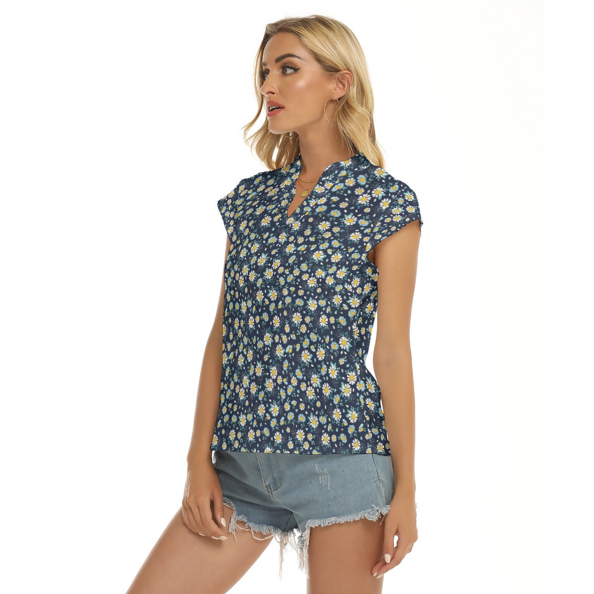 Women's Cap-Sleeve V-Neck Top - Ditsy Print in Navy