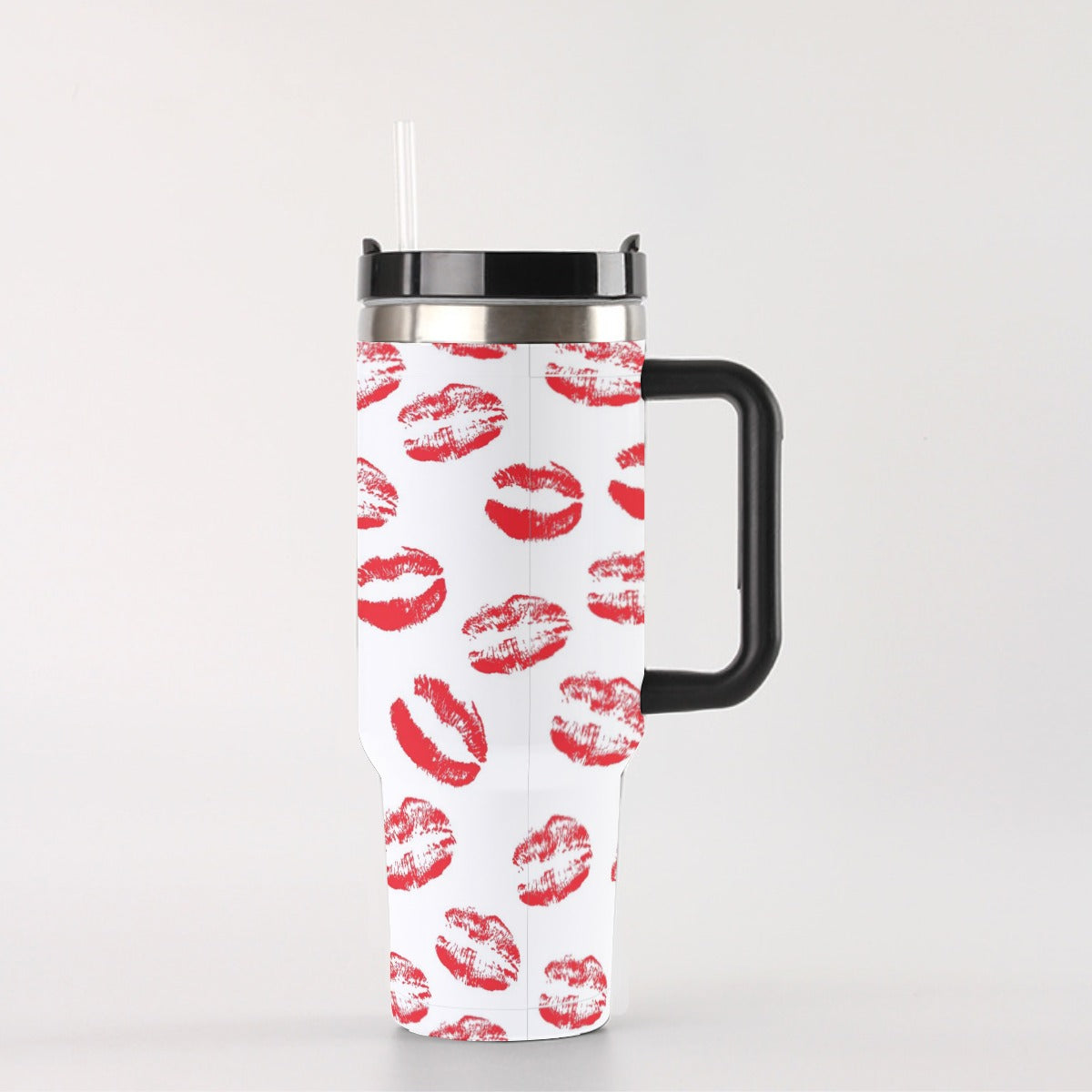 40oz Stainless Steel "Stanley" Tumbler With Handle - Lipstick Kisses