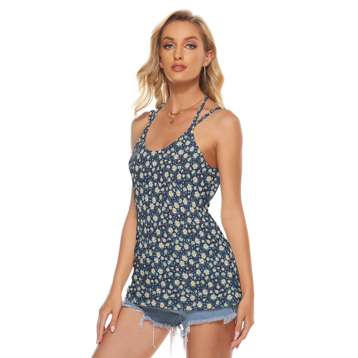 Top halter sin espalda para mujer - Estampado de florecitas en azul marino