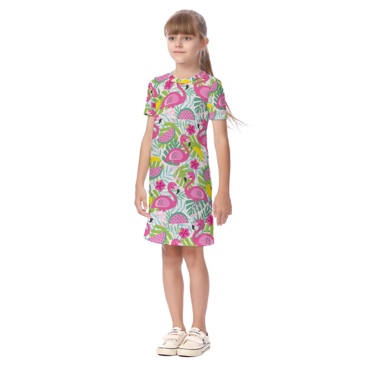 Kid's Short Sleeve T-Shirt Dress - Flamingo Summer