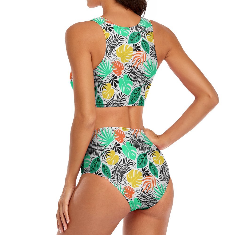 High-Waist Asymmetrical Shoulder Bikini - Bright Tropical Print