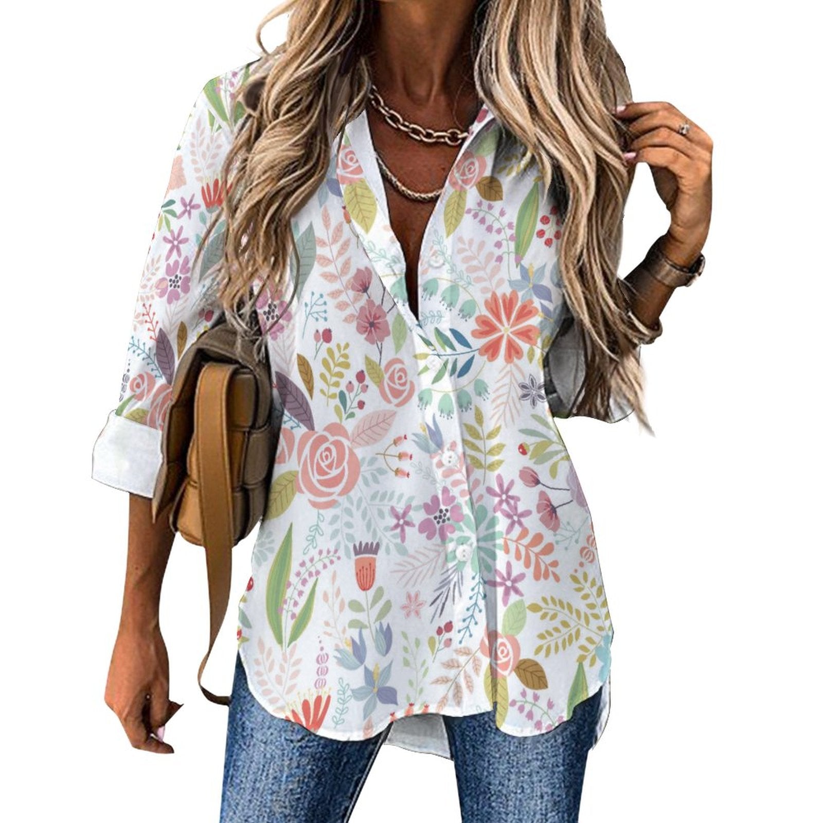 Women's Irregular Hem Button-Up Shirt - Antique Floral