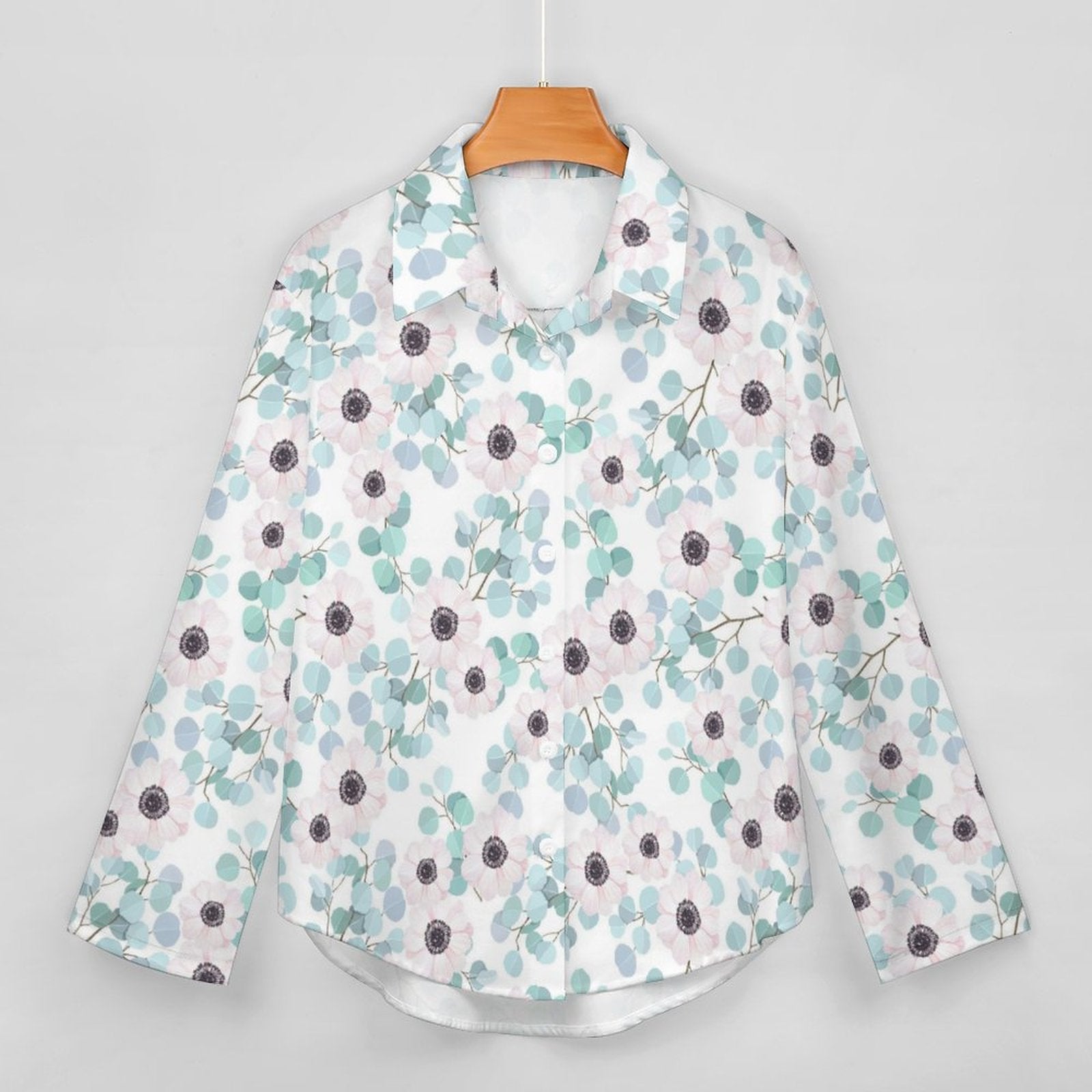 Women's Irregular Hem Button-Up Shirt - Eucalyptus Blossoms