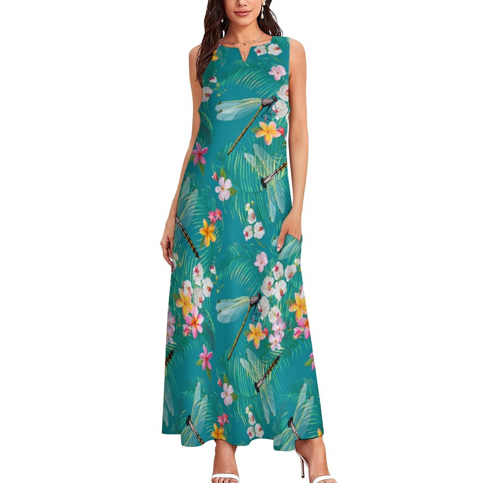 Sleeveless Ankle-Length Shift Dress - Tropical Dragonflies