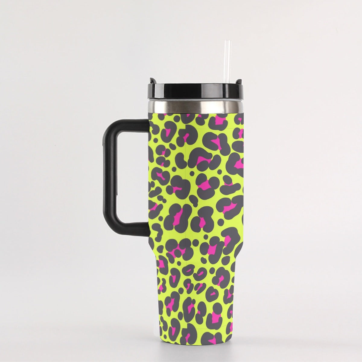 40oz Stainless Steel "Stanley" Tumbler With Handle - Neon Leopard