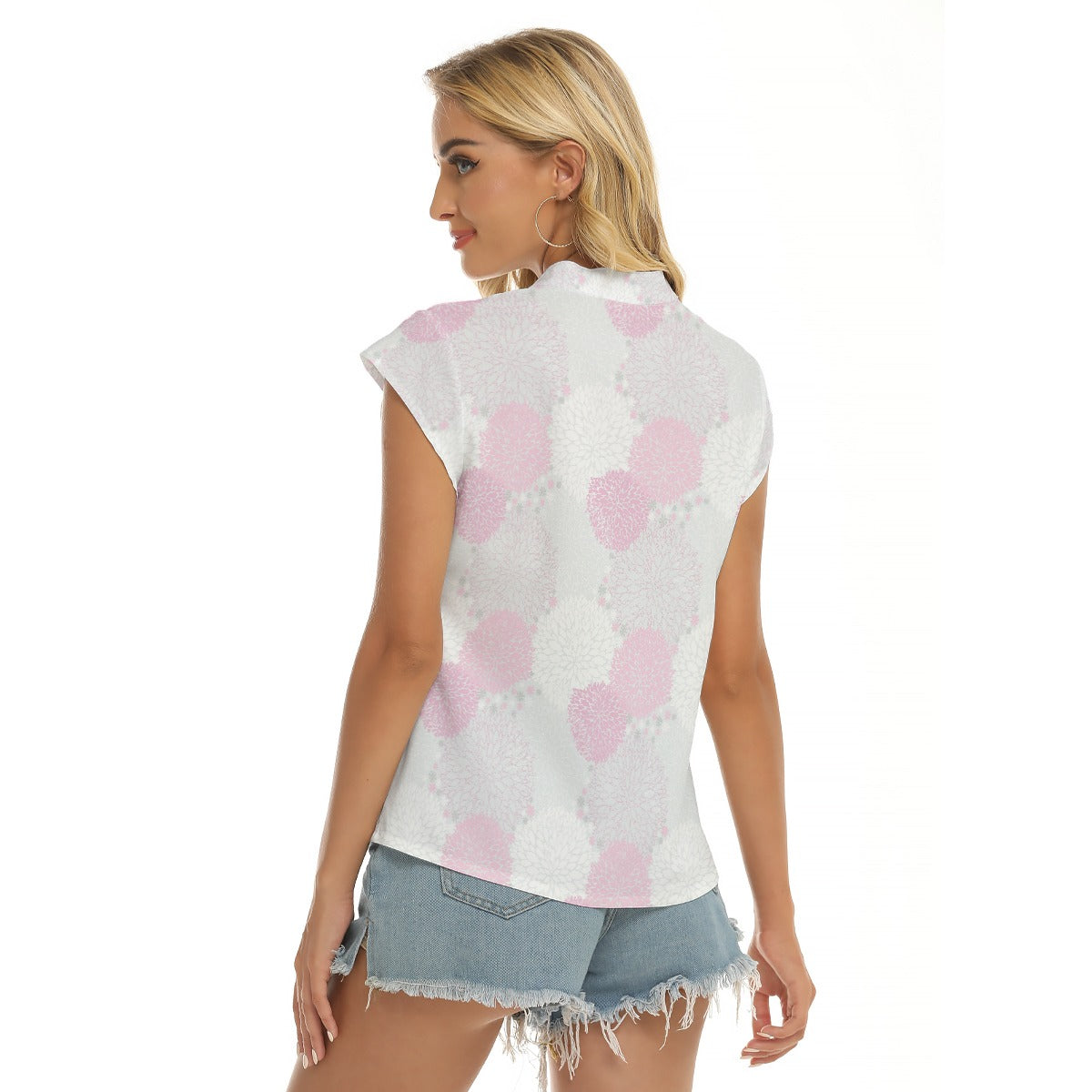 Women's Cap-Sleeve V-Neck Top - Powder Pink Peonies