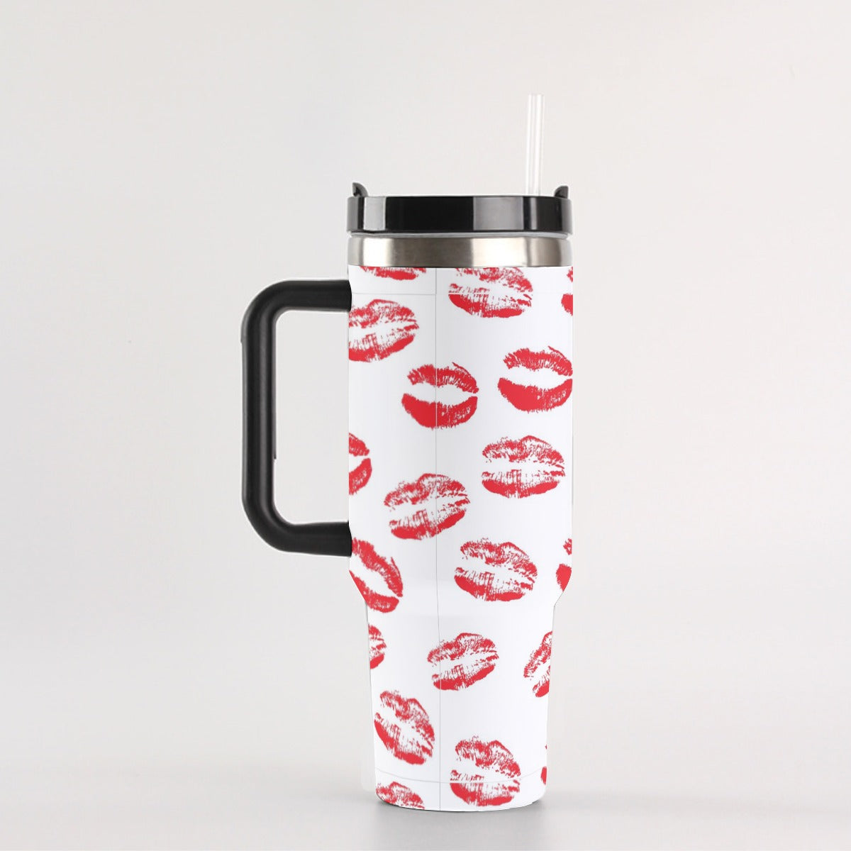 40oz Stainless Steel "Stanley" Tumbler With Handle - Lipstick Kisses