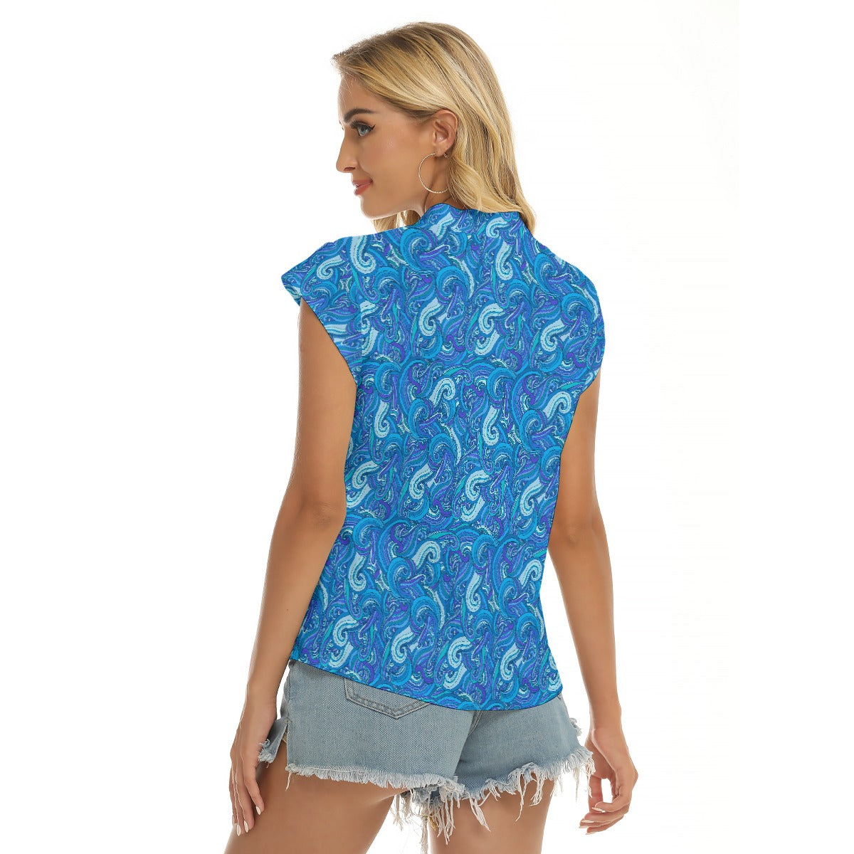 Women's Cap-Sleeve V-Neck Top - Waves