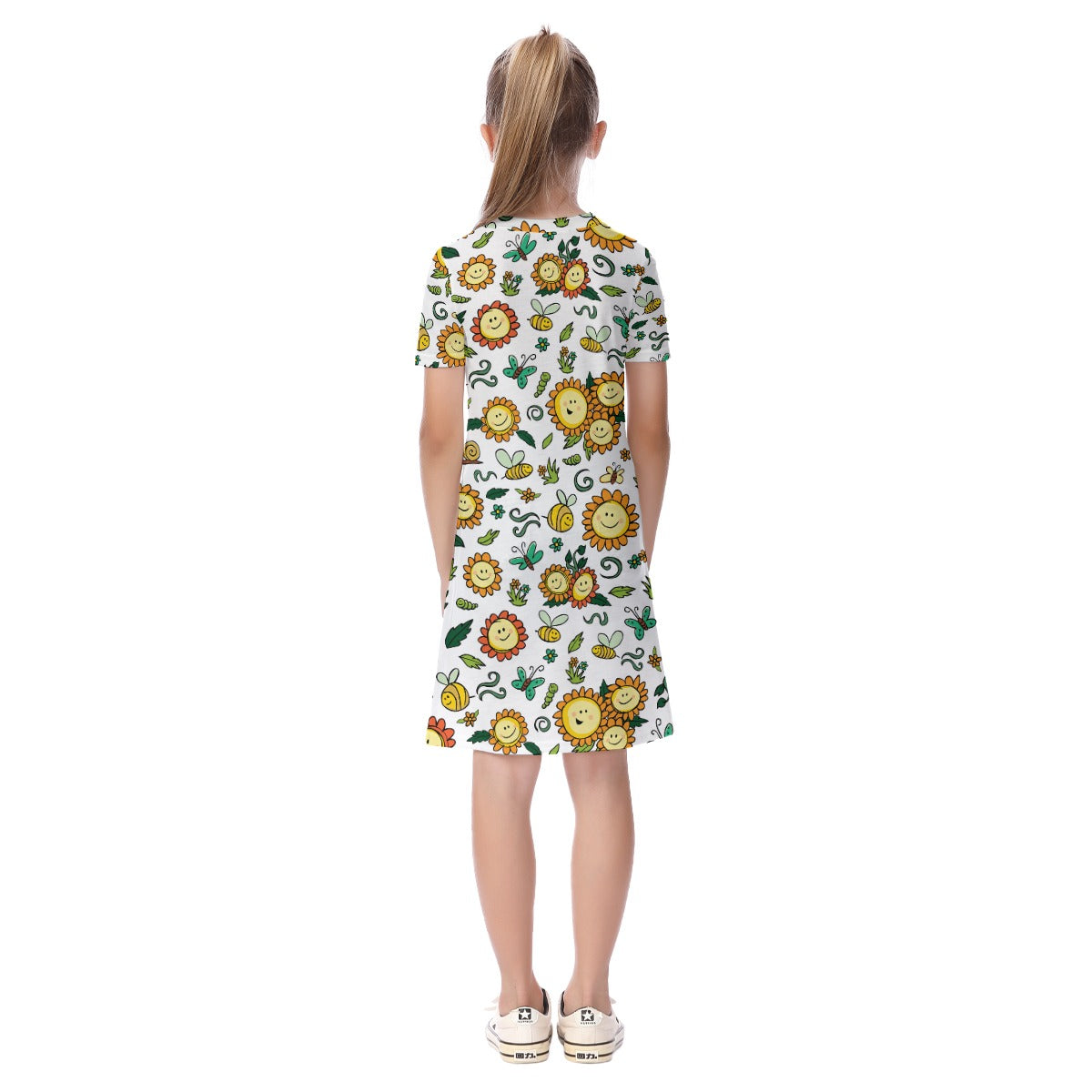 Kid's Short Sleeve T-Shirt Dress - Smiley Sunflowers