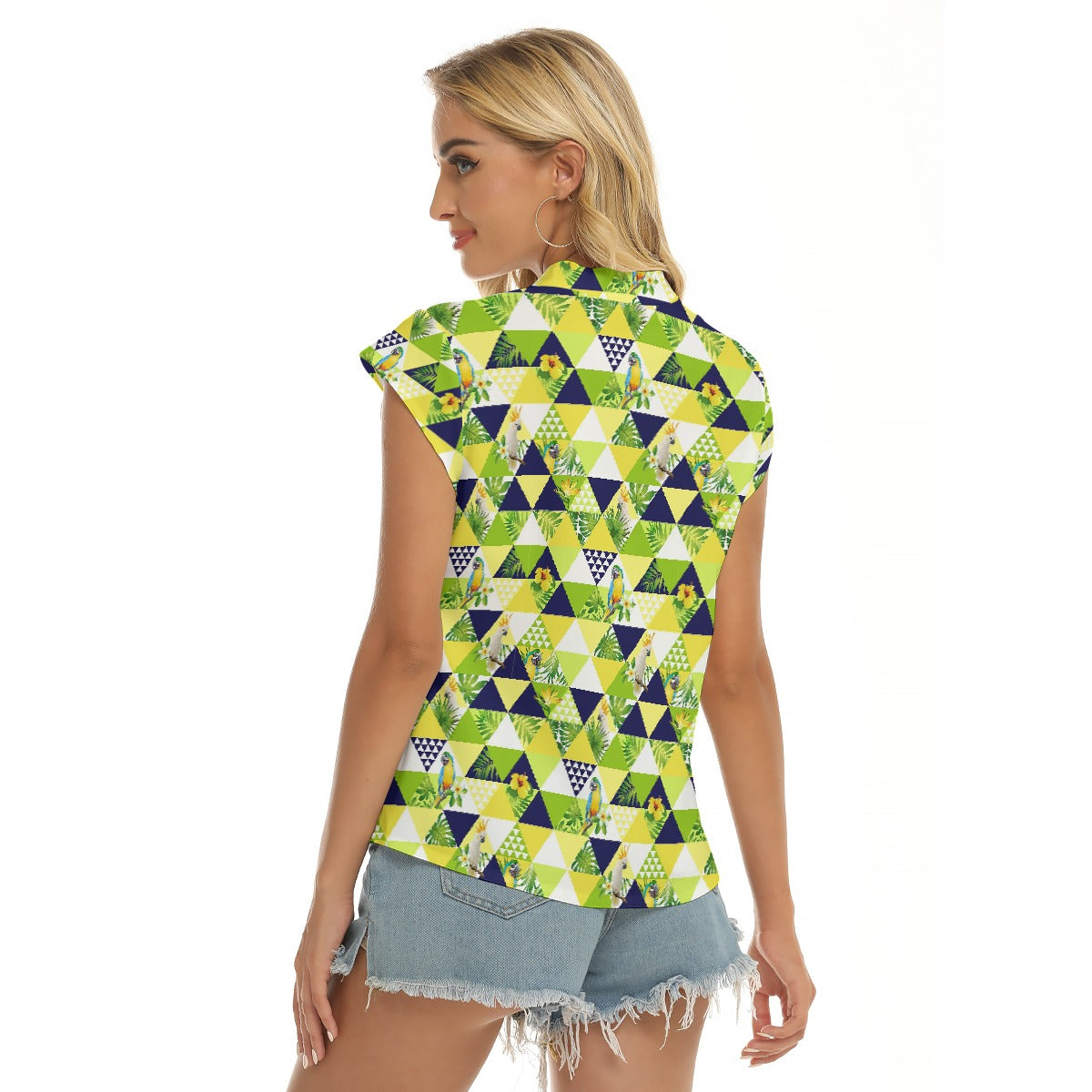 Women's Cap-Sleeve V-Neck Top - Tropical Triangles