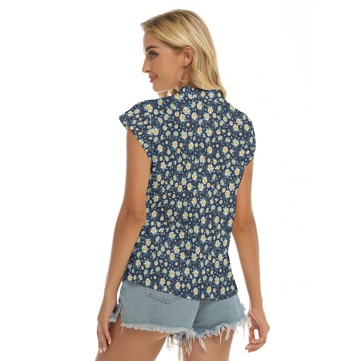 Women's Cap-Sleeve V-Neck Top - Ditsy Print in Navy