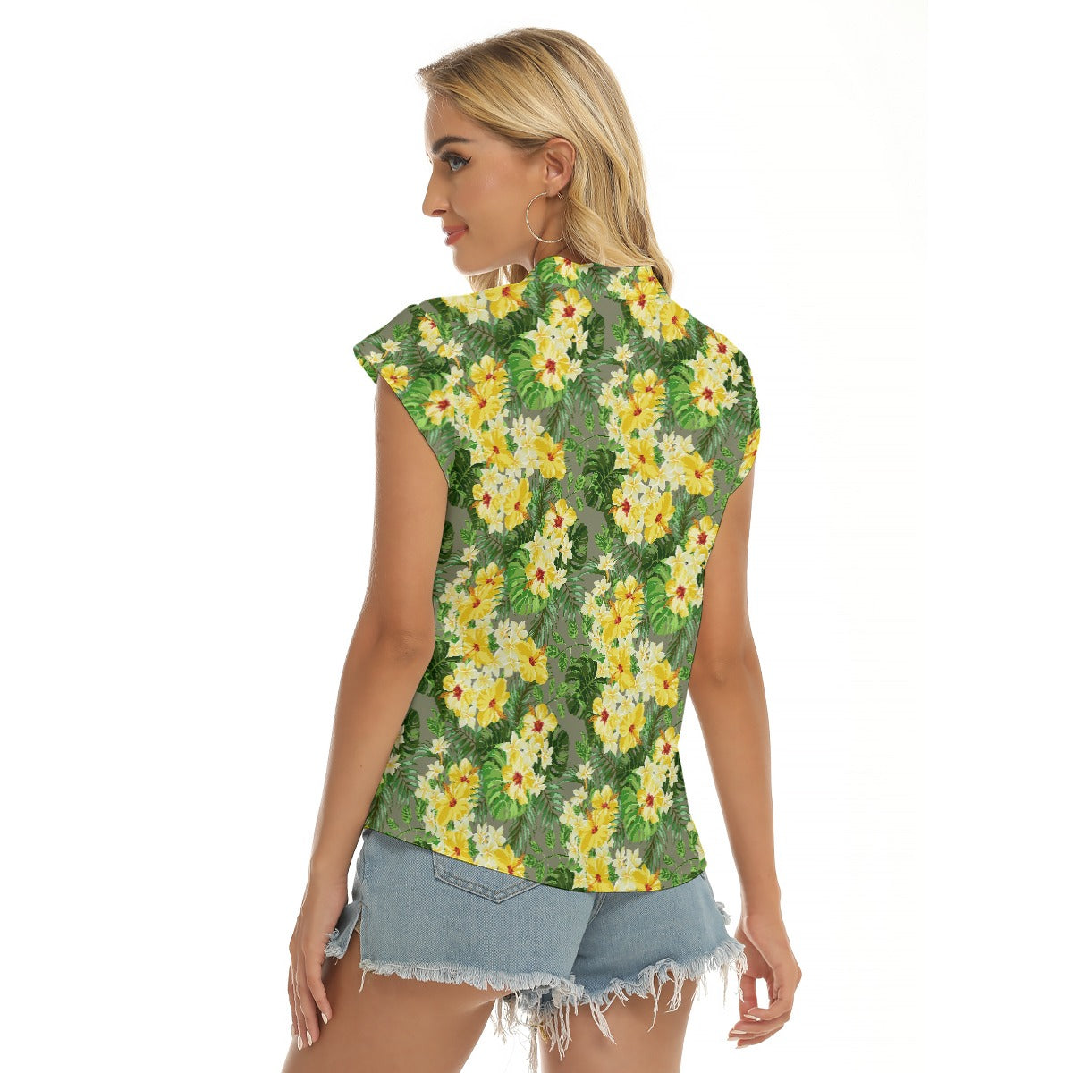 Women's Cap-Sleeve V-Neck Top - Tropical Garden