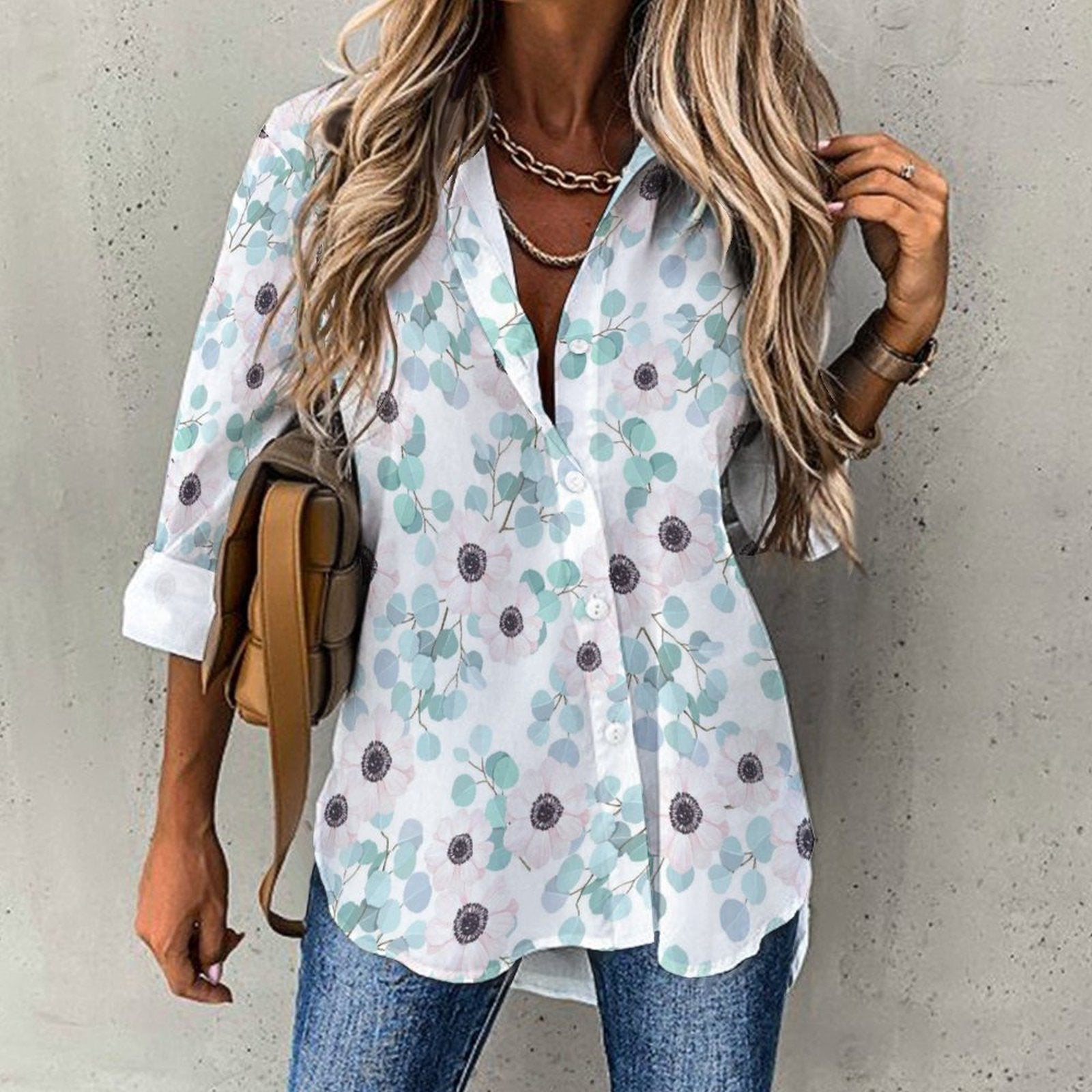 Women's Irregular Hem Button-Up Shirt - Eucalyptus Blossoms