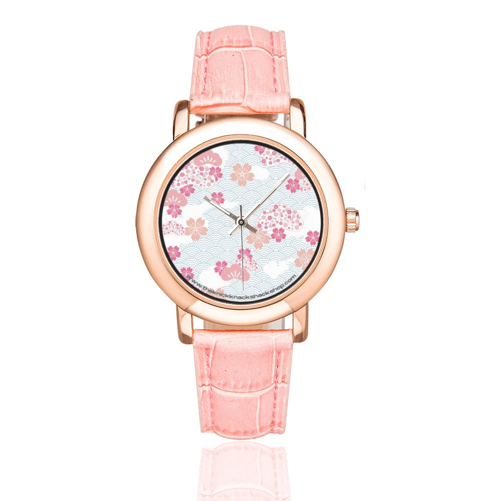 Women's Rose Gold Leather Strap Watch - Sakura Breeze