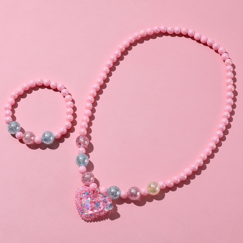 Ensemble bracelet et collier en perles de résine plastique en forme de cœur