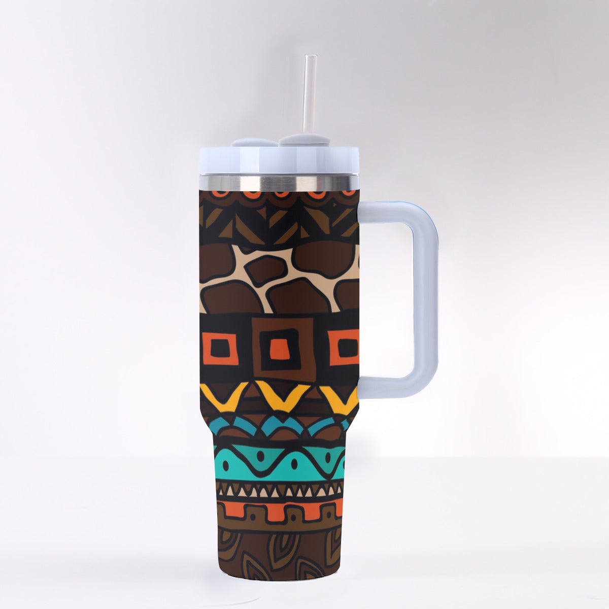 40oz Stainless Steel "Stanley" Tumbler With Handle - African Print (Giraffe)