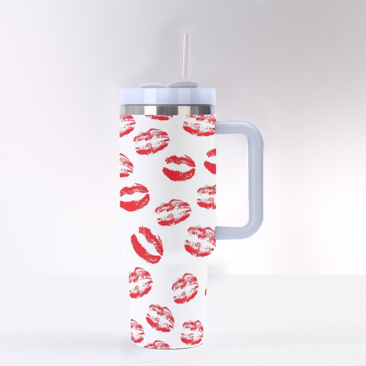 40oz Stainless Steel "Stanley" Tumbler With Handle - Lipstick Kisses