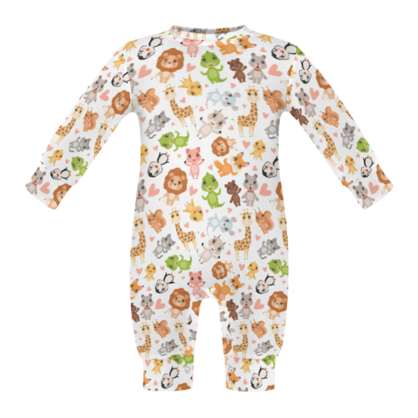 All-Over Print Long-Sleeve Baby Romper - Zoo Babies