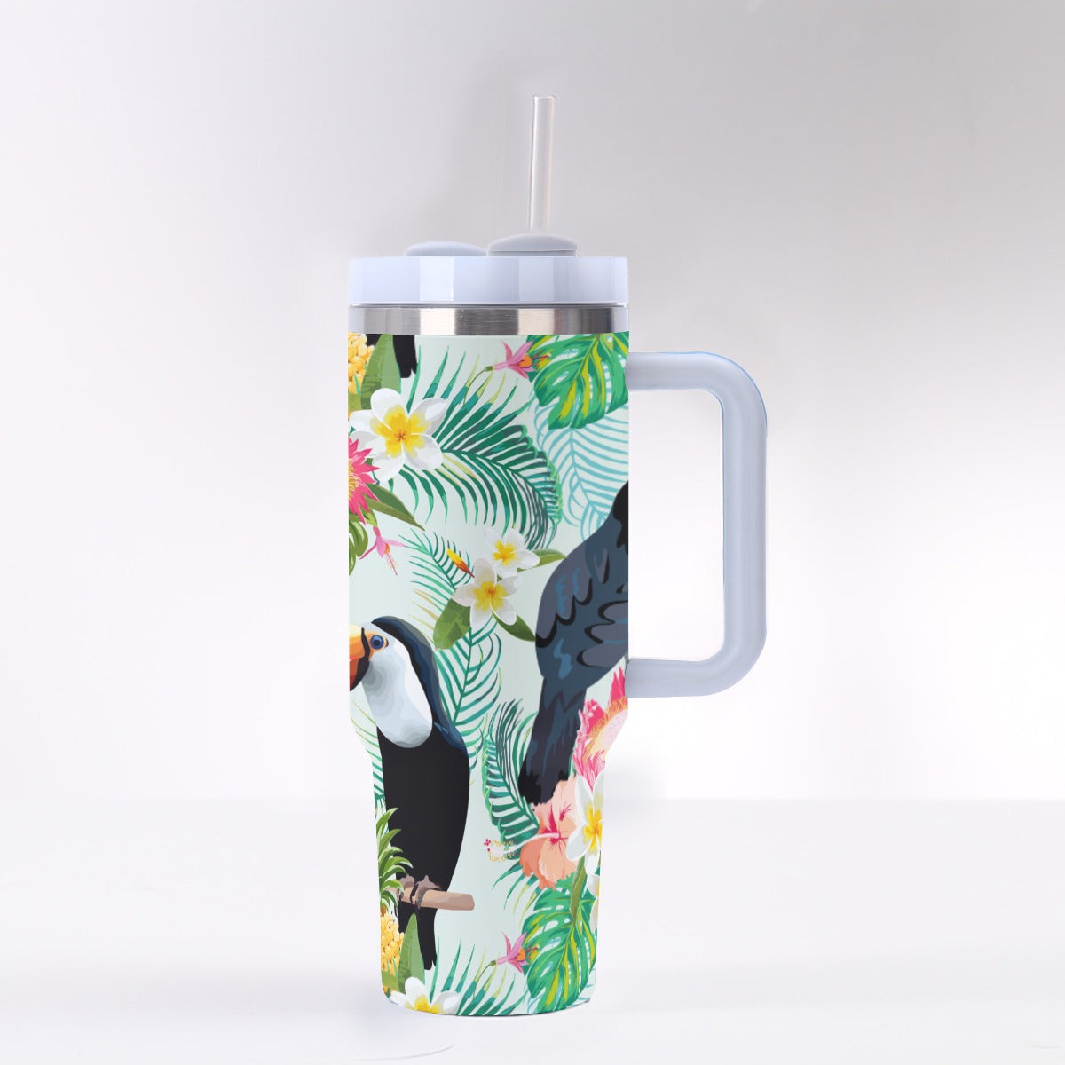 40oz Stainless Steel "Stanley" Tumbler With Handle - Tropical Toucans