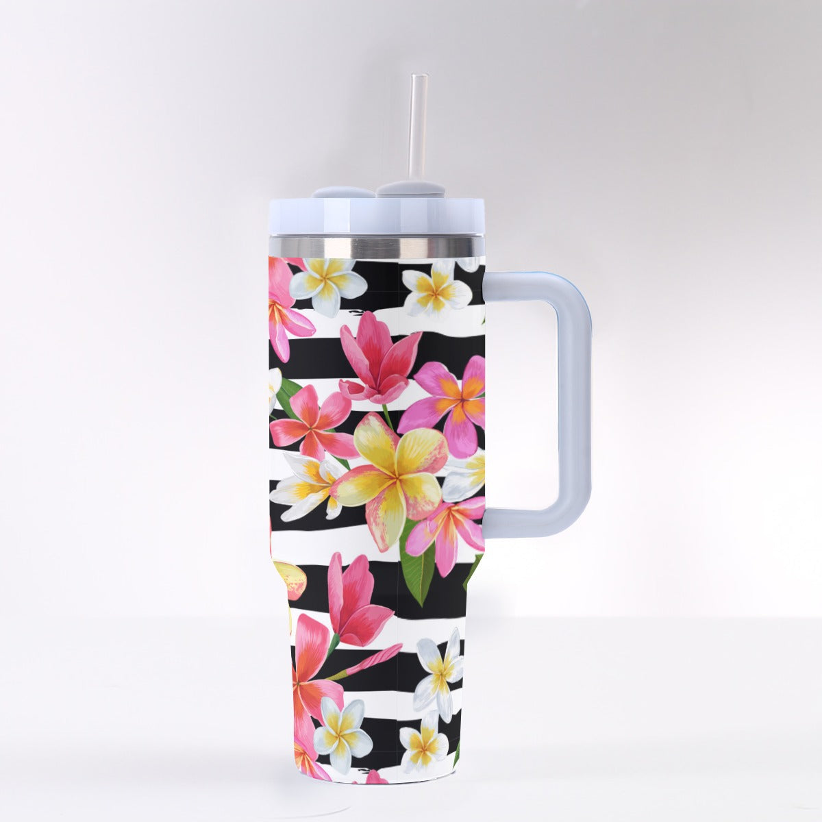 40oz Stainless Steel "Stanley" Tumbler With Handle - Plumeria On Stripes