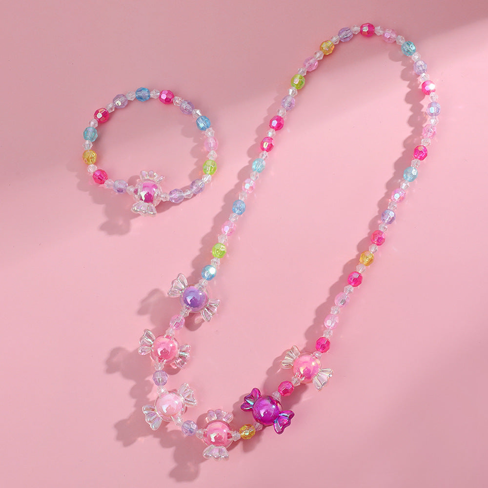 Ensemble bracelet et collier en perles de résine plastique en forme de bonbon 