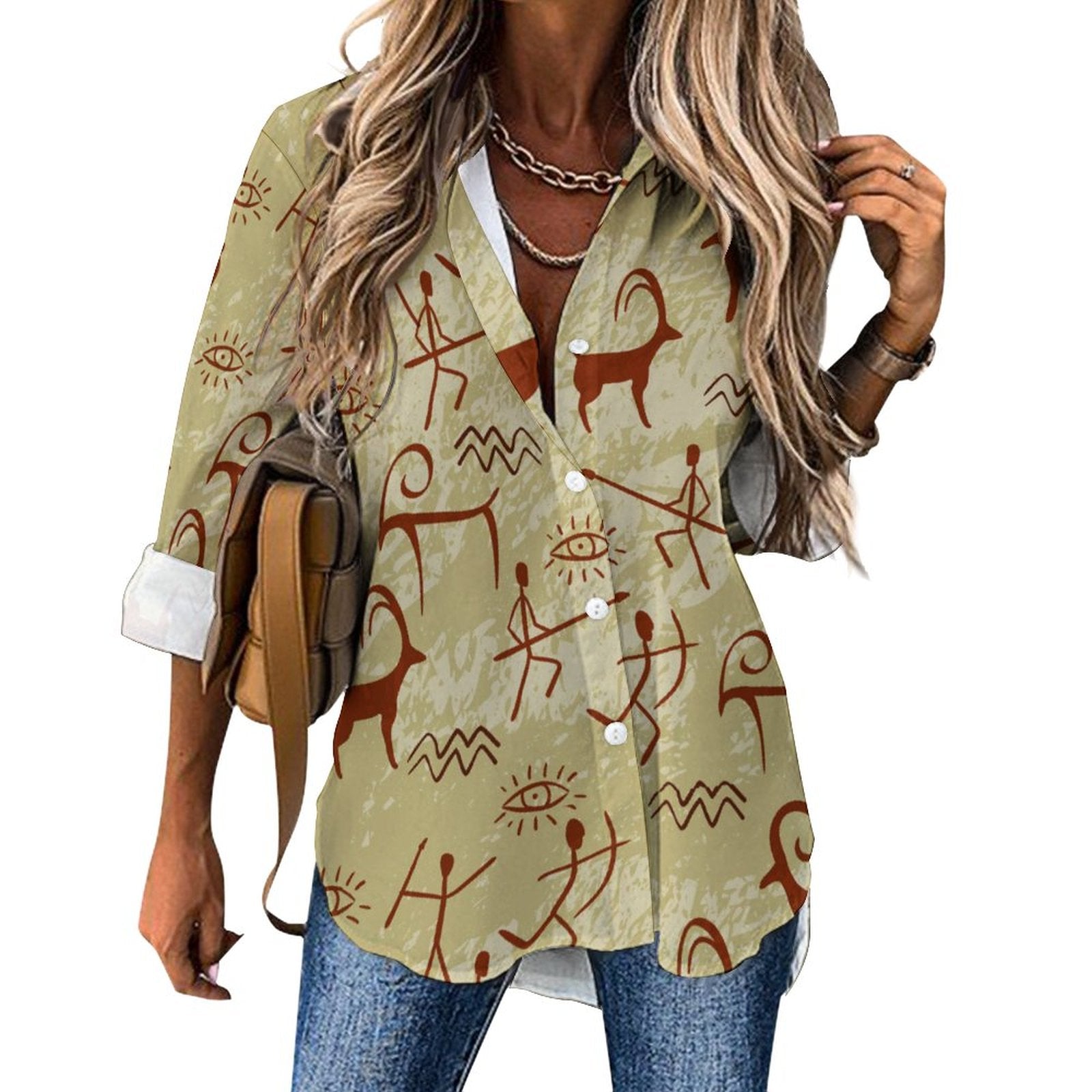 Women's Irregular Hem Button-Up Shirt - Cave Painting