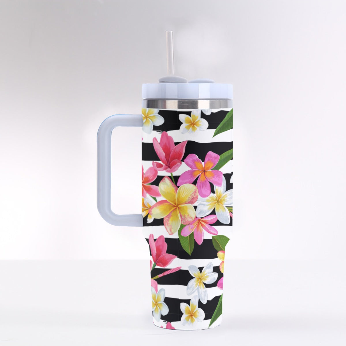 40oz Stainless Steel "Stanley" Tumbler With Handle - Plumeria On Stripes