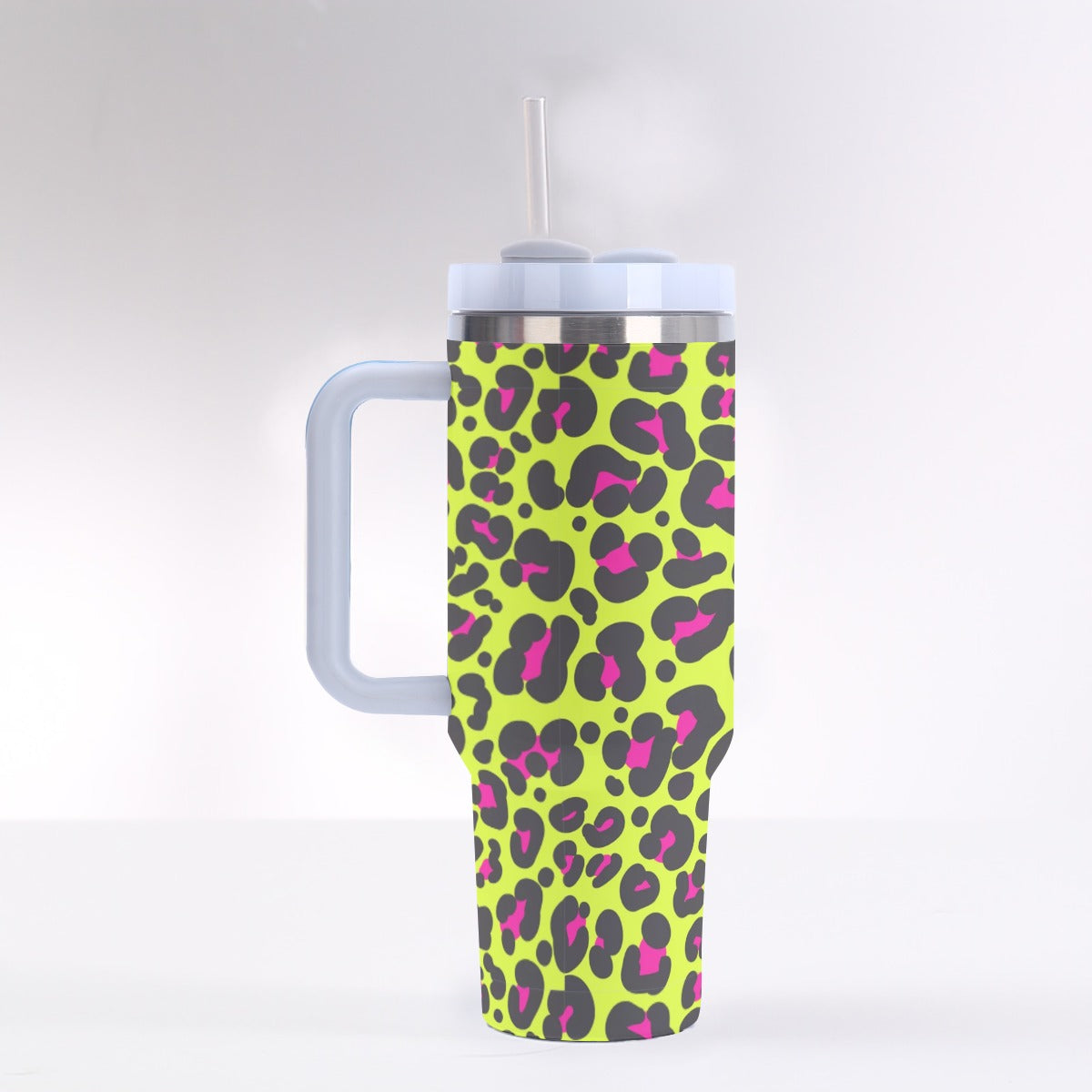 40oz Stainless Steel "Stanley" Tumbler With Handle - Neon Leopard