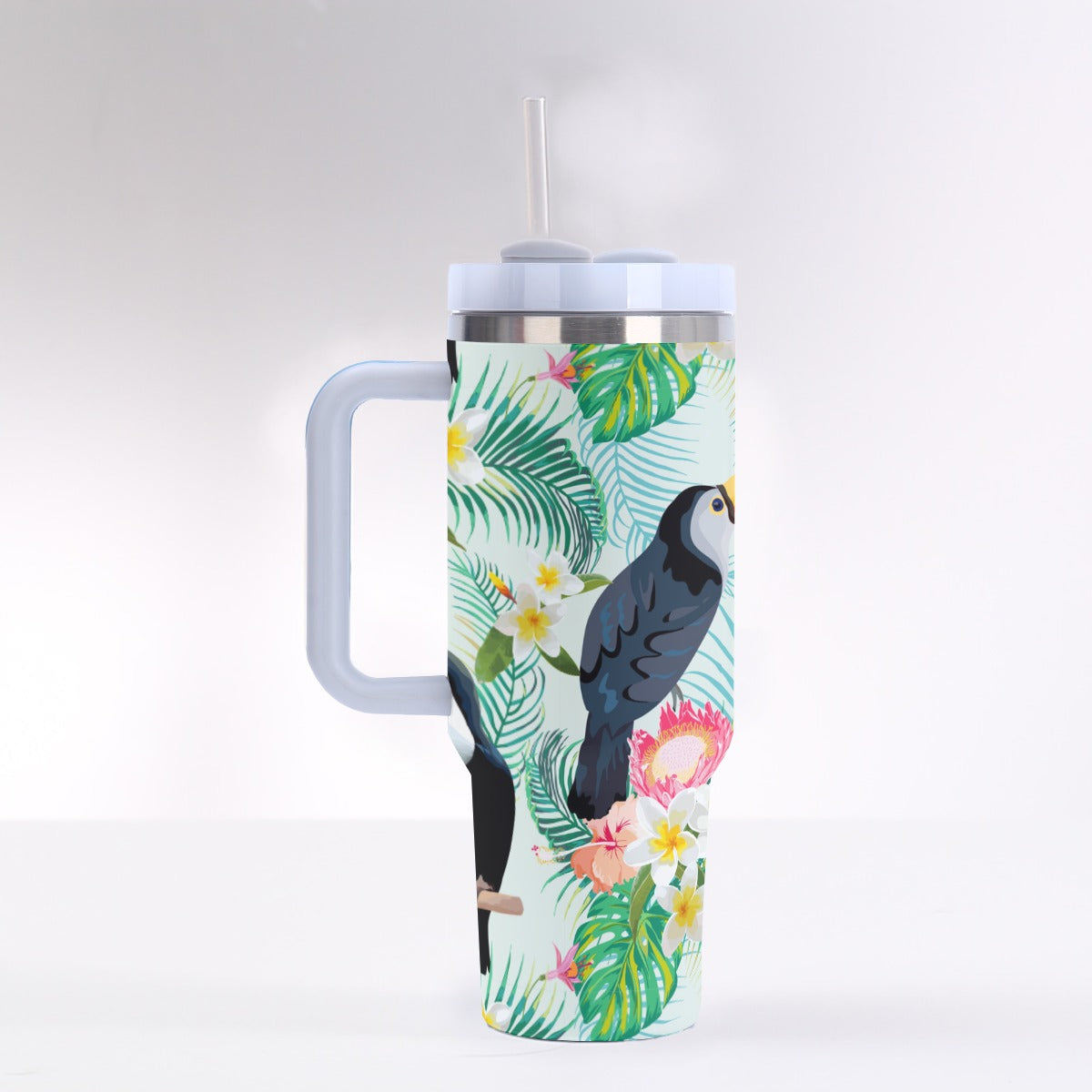 40oz Stainless Steel "Stanley" Tumbler With Handle - Tropical Toucans