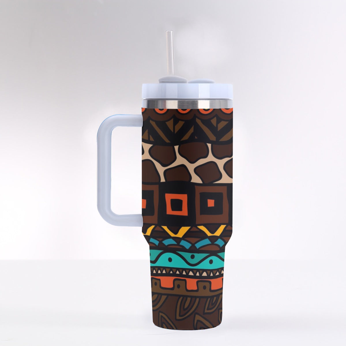 40oz Stainless Steel "Stanley" Tumbler With Handle - African Print (Giraffe)