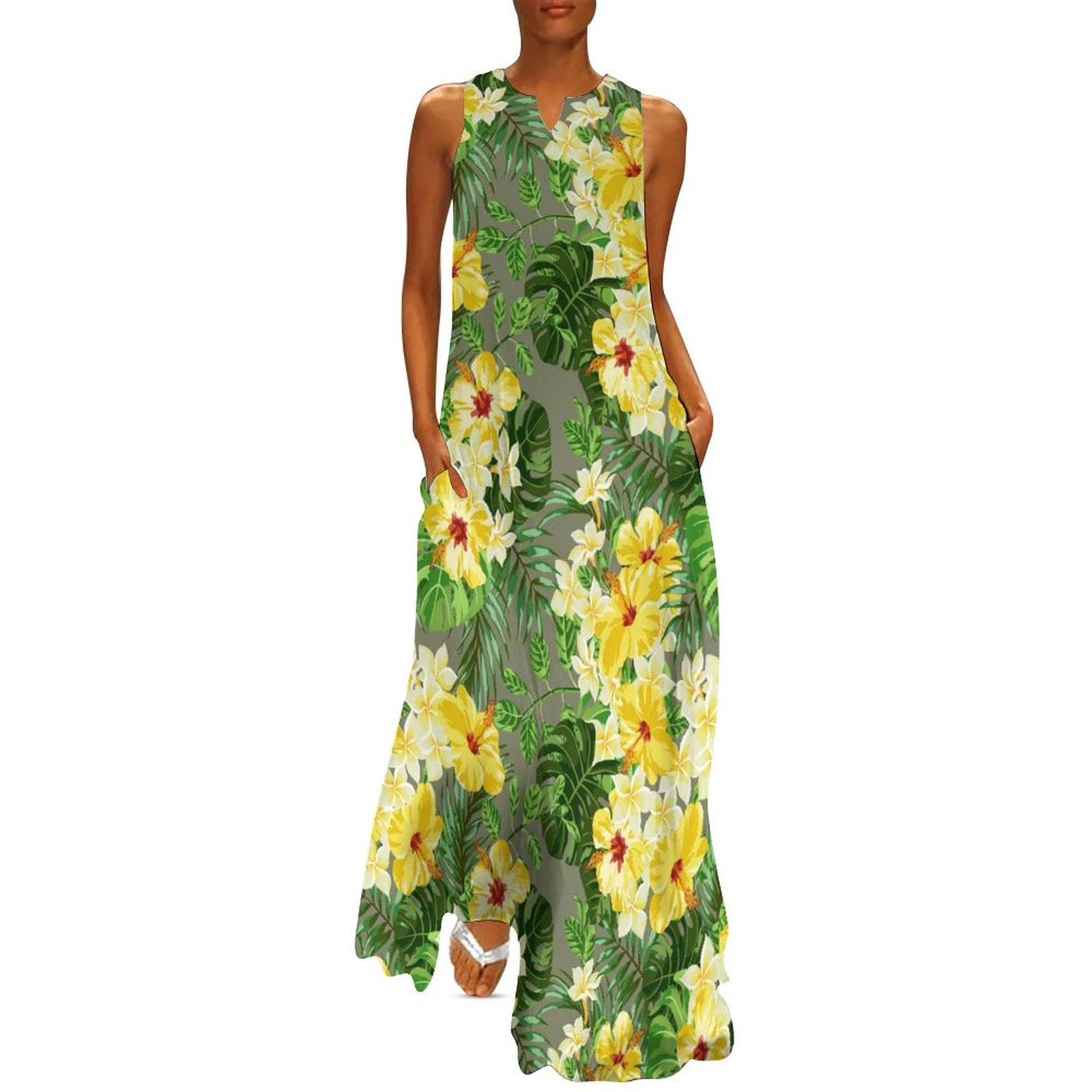 Sleeveless Ankle-Length Shift Dress - Tropical Garden