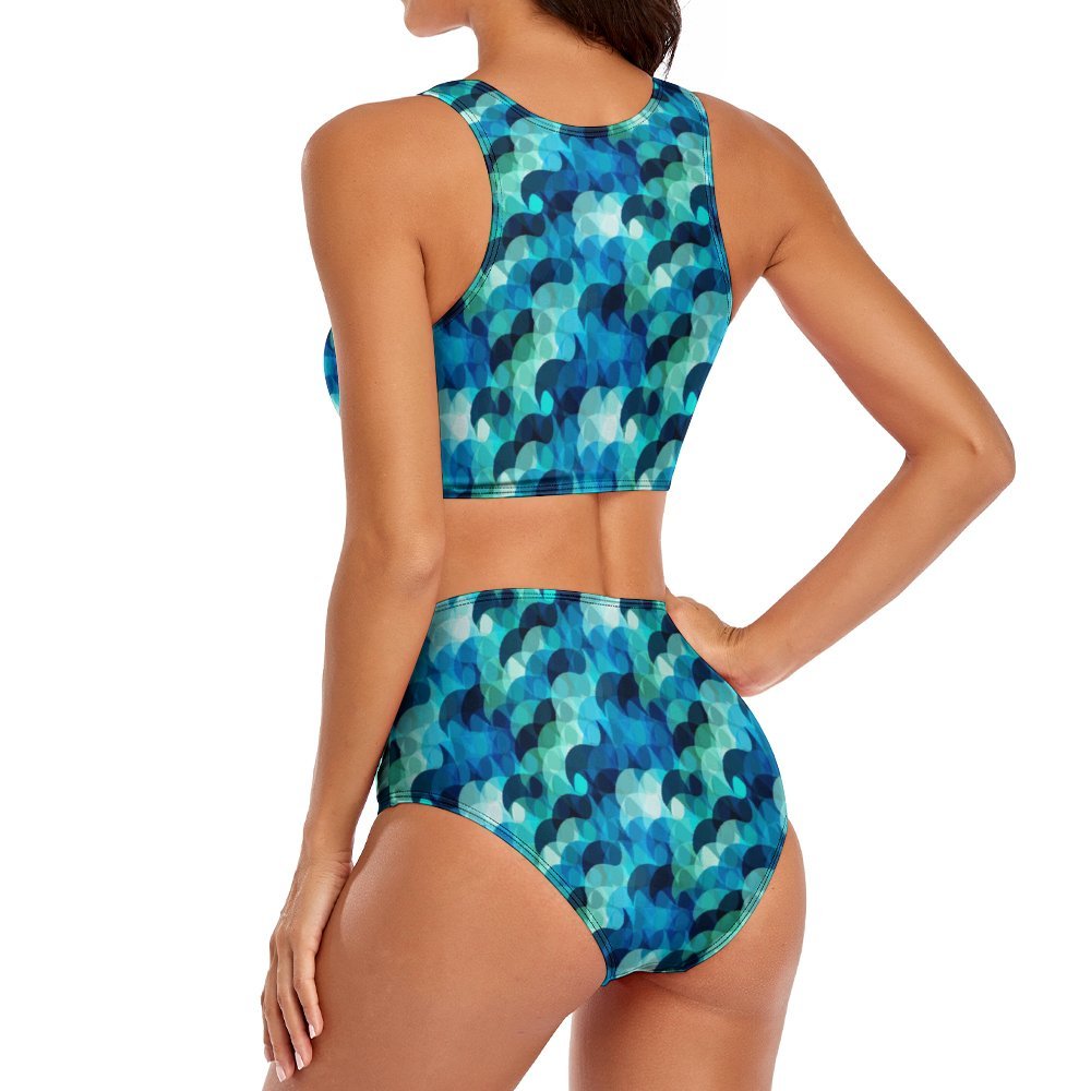 High-Waist Asymmetrical Shoulder Bikini - Mermaid Scales